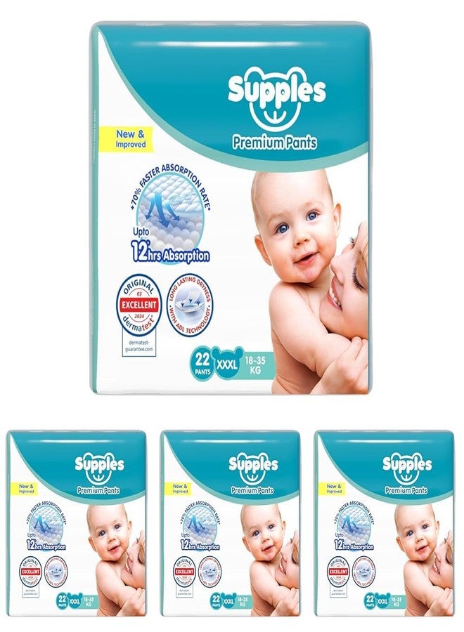 Amazon Brand - Supples Premium Baby Diaper Pants | 22 Baby Diapers | XXXL | 18-55 Kg | 12 Hrs Absorption | Cushiony Cotton Soft Fabric | Phthalates-Free | Triple Leak Guard (Pack of 4)