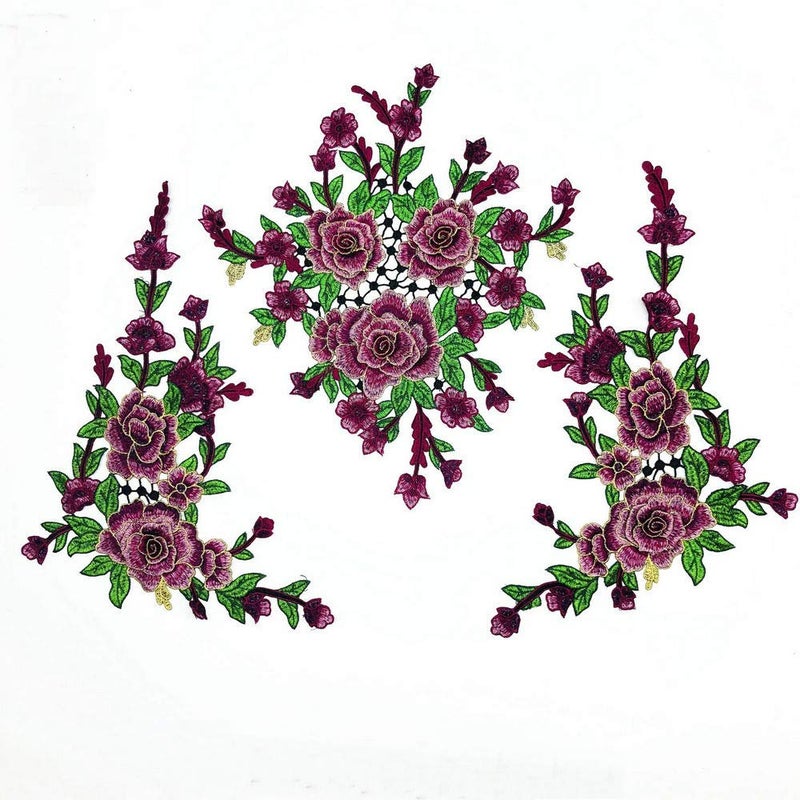 1 SetLarge Embroidered Peony Flowers Lace Patch Applique ThreeDimensional Garment Fabric DIY Accessories Sew Purplish red