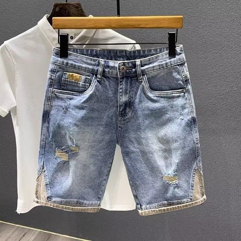 Retro Nostalgic Japanese Ripped Denim Shorts Mens Summer Fashionable Straight Casual Trendy Brand Five-point Pants Middle Pants Blue 