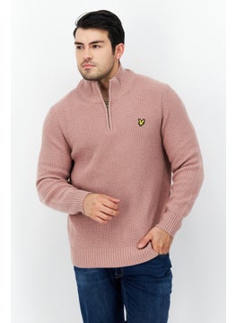 Men High Neck Long Sleeve Embroidered Logo Sweater, Duty Pink