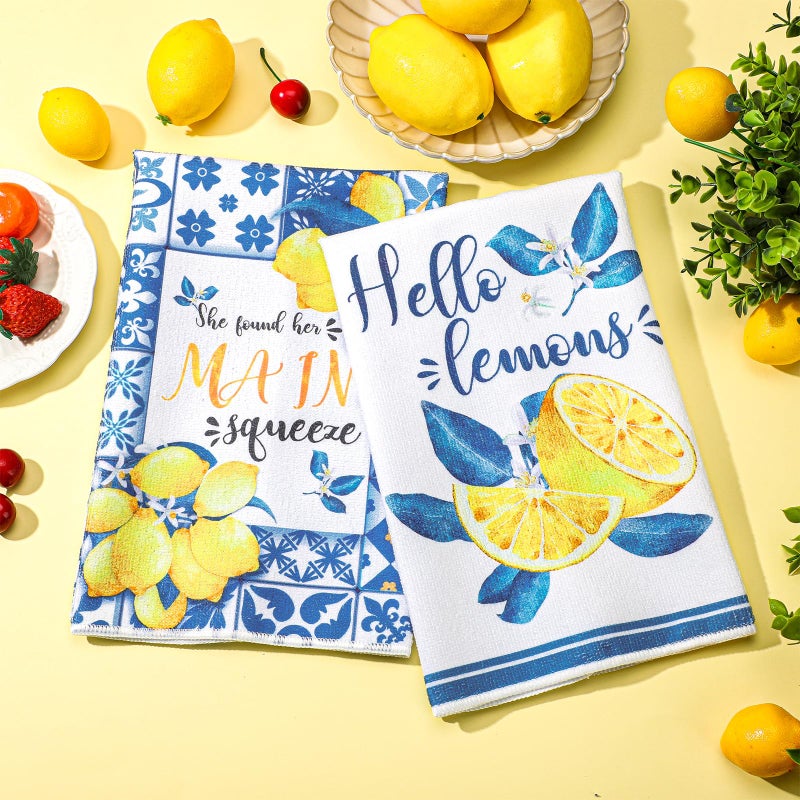 Sratte 6 Pcs Lemon Kitchen Towels 24 x 16 Inch Capri Tiles Lemon Tea Dishtowels Farmhouse Absorbent Blue Yellow Hand Bathroom Towel for Holiday Kitchen Bathroom Amalfi Coast Party Decor Gifts - Image 2