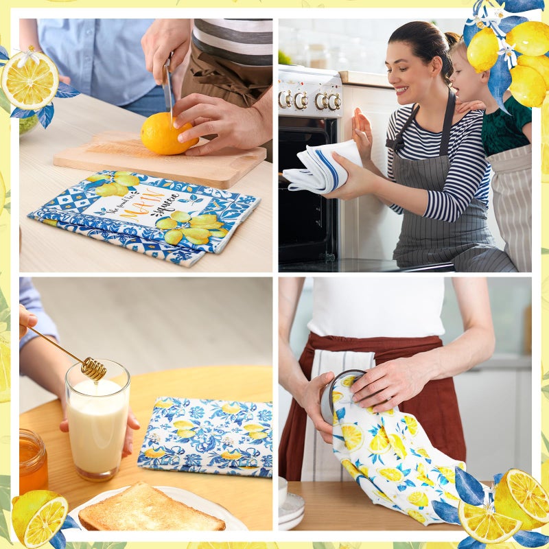 Sratte 6 Pcs Lemon Kitchen Towels 24 x 16 Inch Capri Tiles Lemon Tea Dishtowels Farmhouse Absorbent Blue Yellow Hand Bathroom Towel for Holiday Kitchen Bathroom Amalfi Coast Party Decor Gifts - Image 5