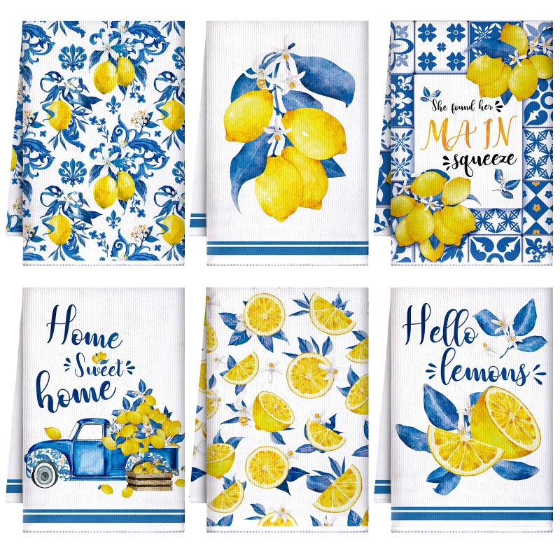 Sratte 6 Pcs Lemon Kitchen Towels 24 x 16 Inch Capri Tiles Lemon Tea Dishtowels Farmhouse Absorbent Blue Yellow Hand Bathroom Towel for Holiday Kitchen Bathroom Amalfi Coast Party Decor Gifts - Image 1