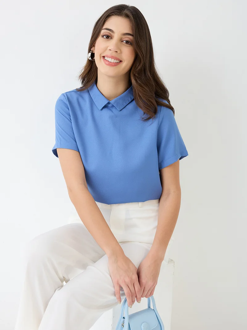 globus Women Blue Short Sleeves Collared Neck Back Button Shirt Style Workwear Top