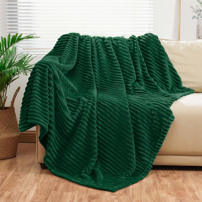 Bnuitland Bnuitland Dark Green Flannel Throw with Storage Pouch 300GSM Super Soft Fleece Stripe Pattern Sofa Blanket for Babys and Kids  Lightweight Cozy Bed Throw for Home Decor All Season  - Image 2