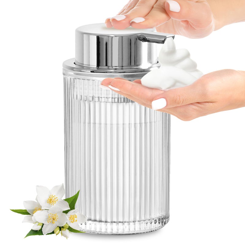 KASUNTING Foaming Soap Dispenser 11 Fl Oz Clear Glass Foam Hand Soap Dispenser for Bathroom Kitchen Refillable Foaming Bottle with Sliver Pump Modern Ribbed Dish Soap Foam Dispenser - Image 2