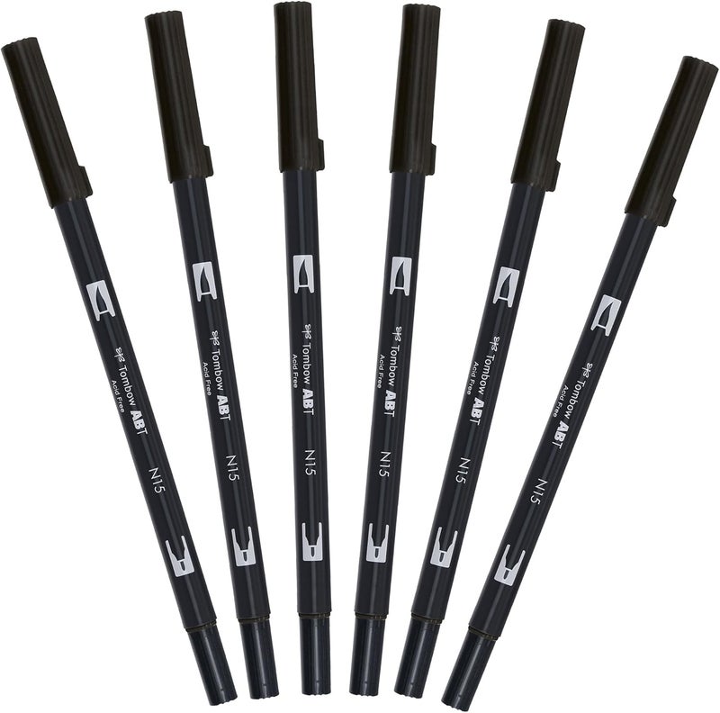 Tombow ABTN156P Fibre Tip Pen Dual Brush Pen with Two Nibs Pack of 6 Black - Image 1