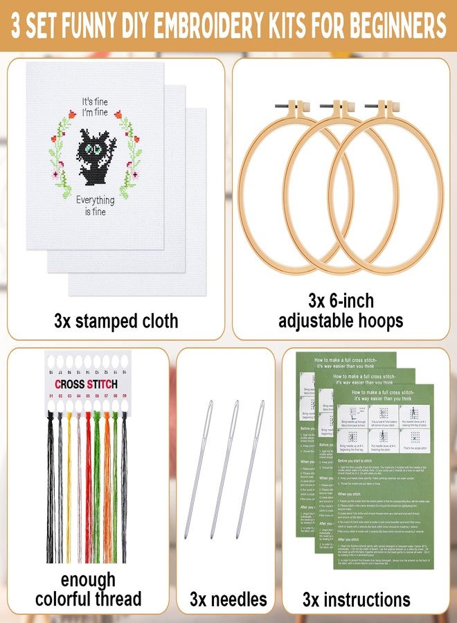 Daifunli 3 Sets Funny DIY Embroidery Kits for Beginners Adults, Stamped Handmade Cross Stitch Starter Kit with Animal It's Fine Patterns Needlepoint Kit with 3 Embroidery Hoop, Color Threads, Tools - Image 2