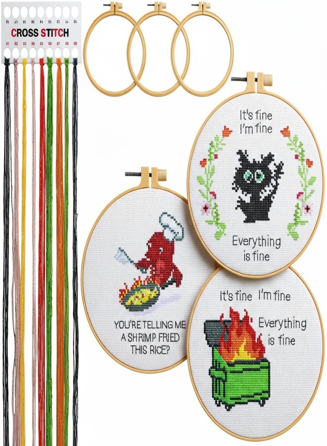 Daifunli 3 Sets Funny DIY Embroidery Kits for Beginners Adults, Stamped Handmade Cross Stitch Starter Kit with Animal It's Fine Patterns Needlepoint Kit with 3 Embroidery Hoop, Color Threads, Tools - Image 1