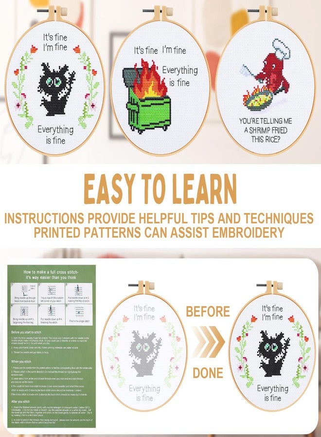 Daifunli 3 Sets Funny DIY Embroidery Kits for Beginners Adults, Stamped Handmade Cross Stitch Starter Kit with Animal It's Fine Patterns Needlepoint Kit with 3 Embroidery Hoop, Color Threads, Tools - Image 3