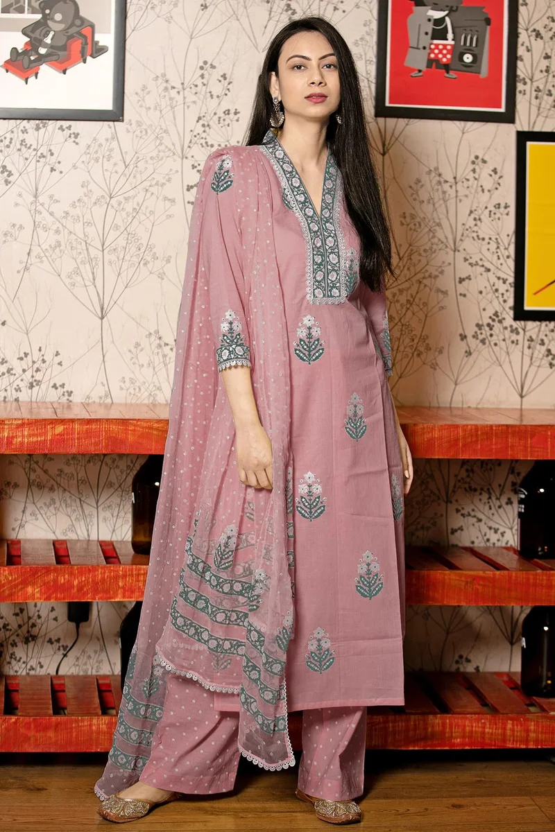 GoSriKi Women's Rayon Viscose Printed Straight Kurta with Pant & Dupatta (Belagavi Purple-GS_L_Purple_Large)