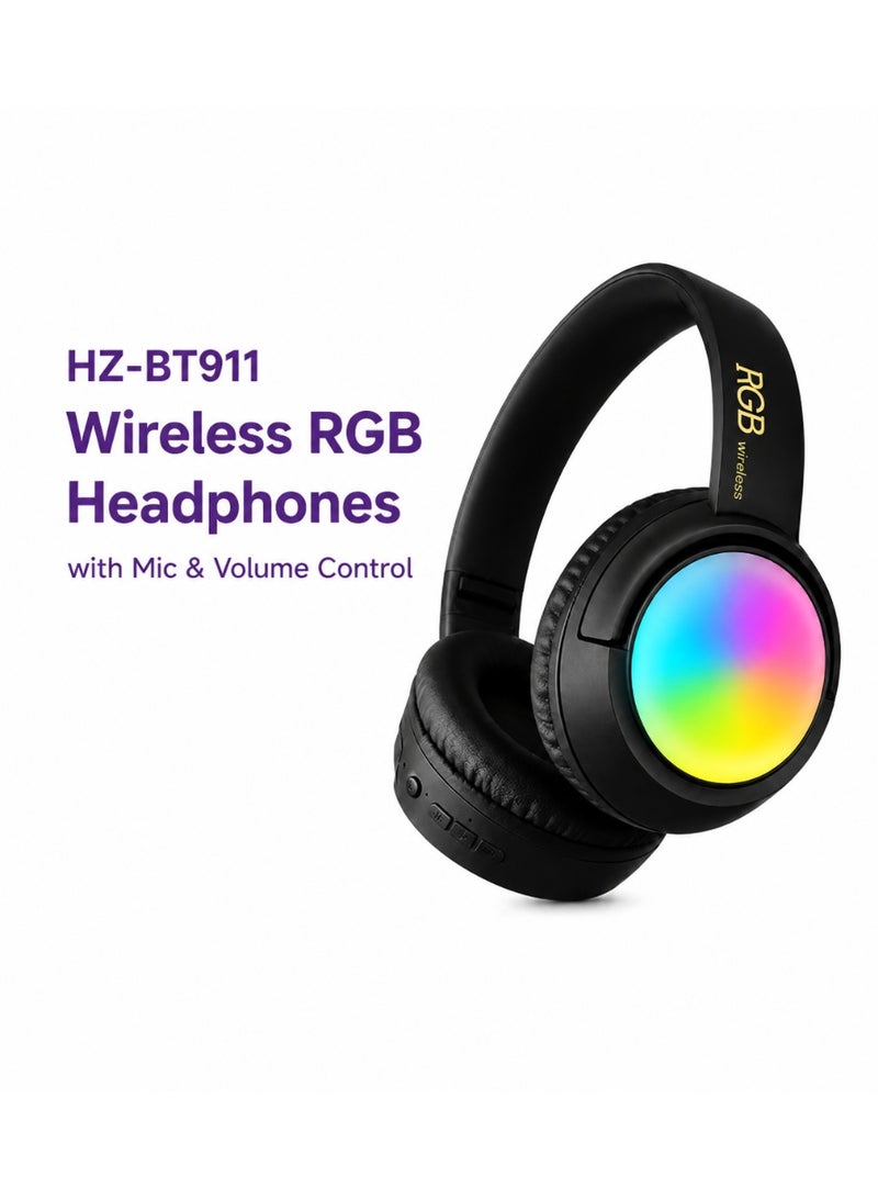RGB Bluetooth Wireless Headphones with LED Lighting, High Bass Stereo Sound, Built-in Microphone, Volume Control, Rechargeable Battery, Over-Ear Gaming Headset, Black - Image 1