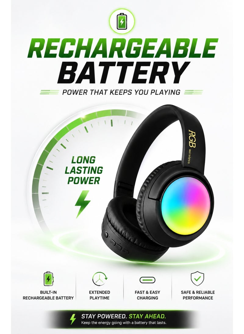 RGB Bluetooth Wireless Headphones with LED Lighting, High Bass Stereo Sound, Built-in Microphone, Volume Control, Rechargeable Battery, Over-Ear Gaming Headset, Black - Image 2