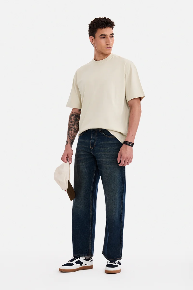 سنيتش Beige Solid Half Sleeve Oversized T-Shirt