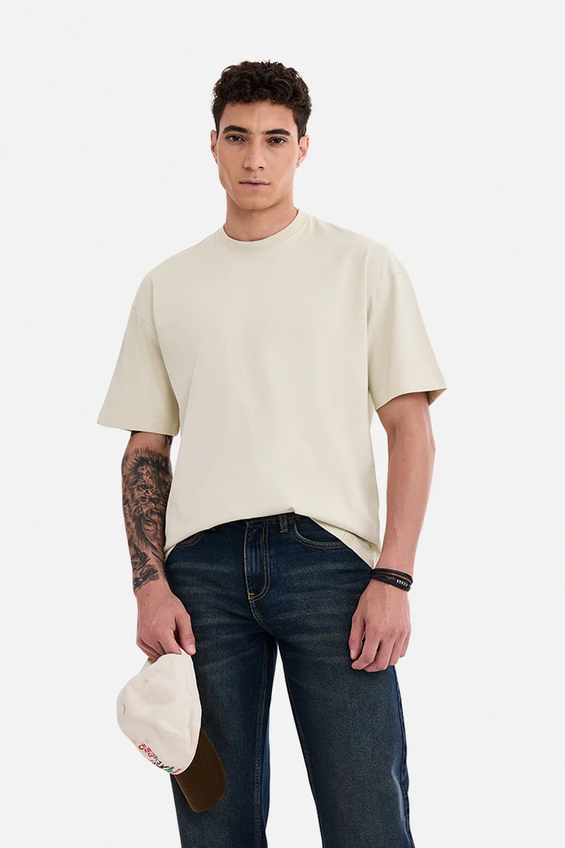 سنيتش Beige Solid Half Sleeve Oversized T-Shirt