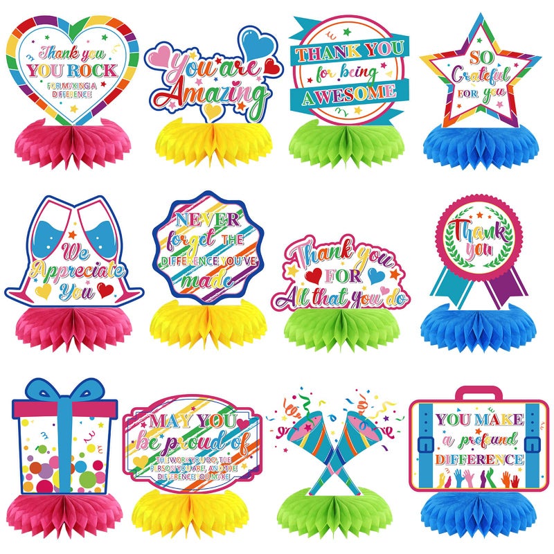 Moinchore 12 Pcs Thank You Decorations Honeycomb Centerpiece Employee Appreciation Decor We Appreciate You Table Decorations Thank Table Topper for Doctor Employee Party SuppliesColorful - Image 3