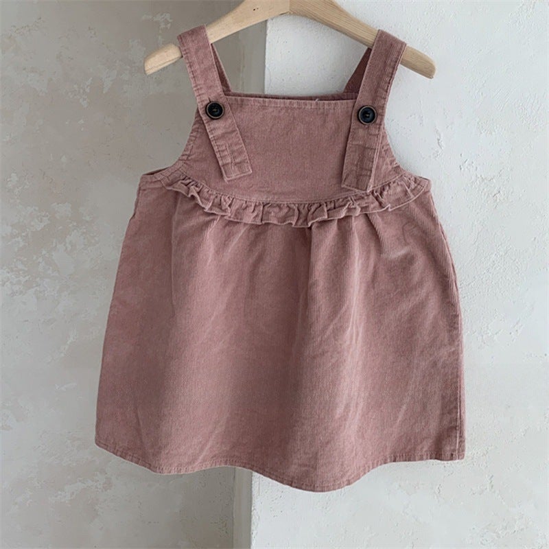 Girls Korean Autumn and Winter New dress Baby Western Style Sweet Cute Corduroy Philippine Side Strap dress Lotus root starch. 