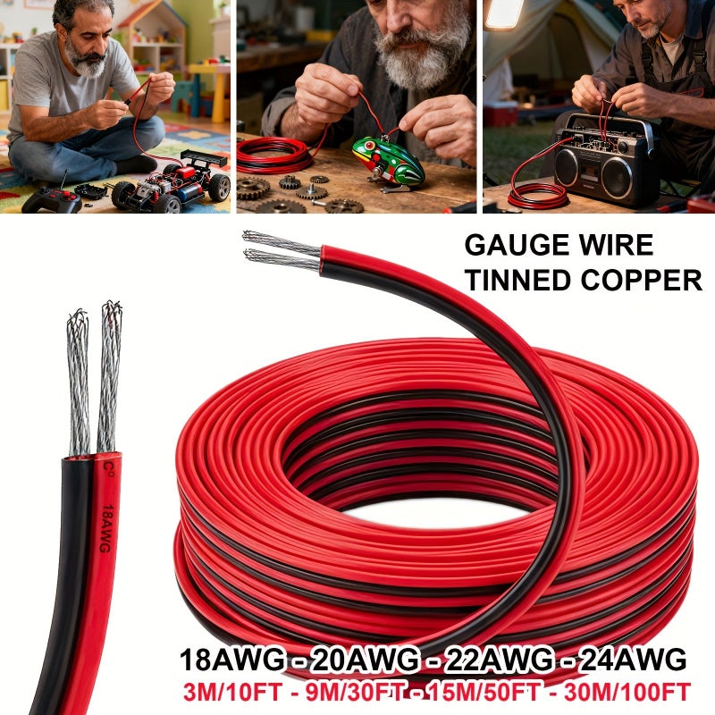 Flexible Durable PVC Hook Up Wire 22 AWG 118.11 Inch 10 Feet Tinned Copper Coated Strands High Temperature Resistant Oxygen Free Black Red For Automotive Industrial DIY Applications - Image 1