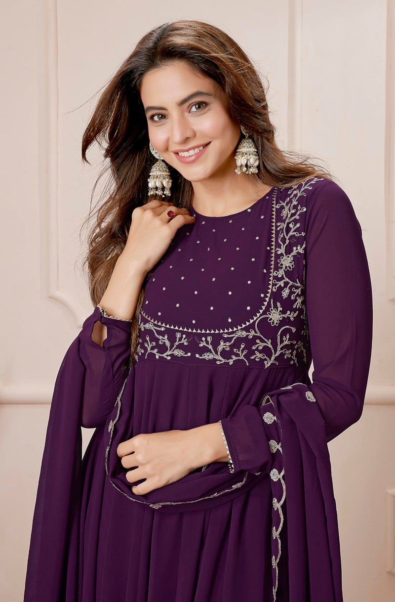 Janasya Women Georgette Embroidered Kurta with Palazzo & Dupatta Purple Color Trending Outfit - Image 2