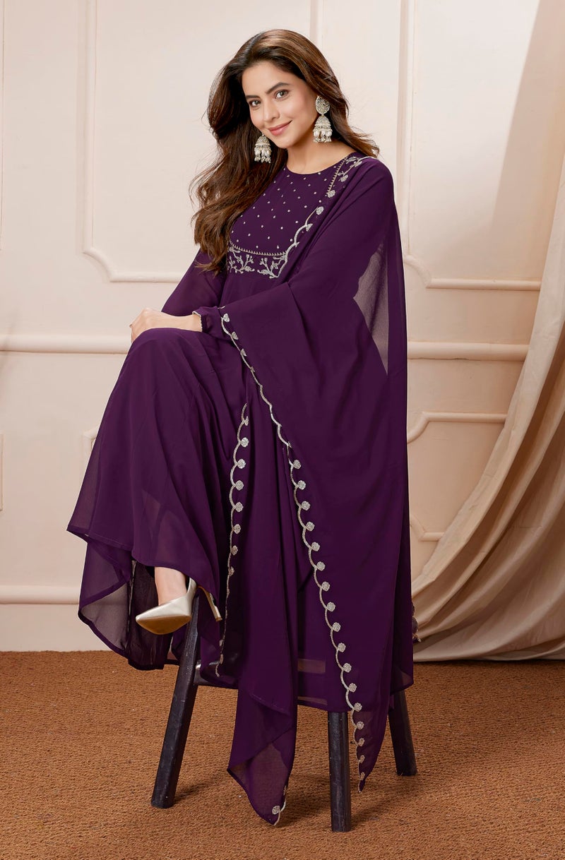 Janasya Women Georgette Embroidered Kurta with Palazzo & Dupatta Purple Color Trending Outfit - Image 3
