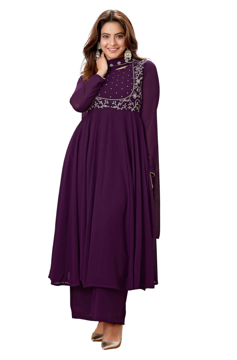 Janasya Women Georgette Embroidered Kurta with Palazzo & Dupatta Purple Color Trending Outfit - Image 1