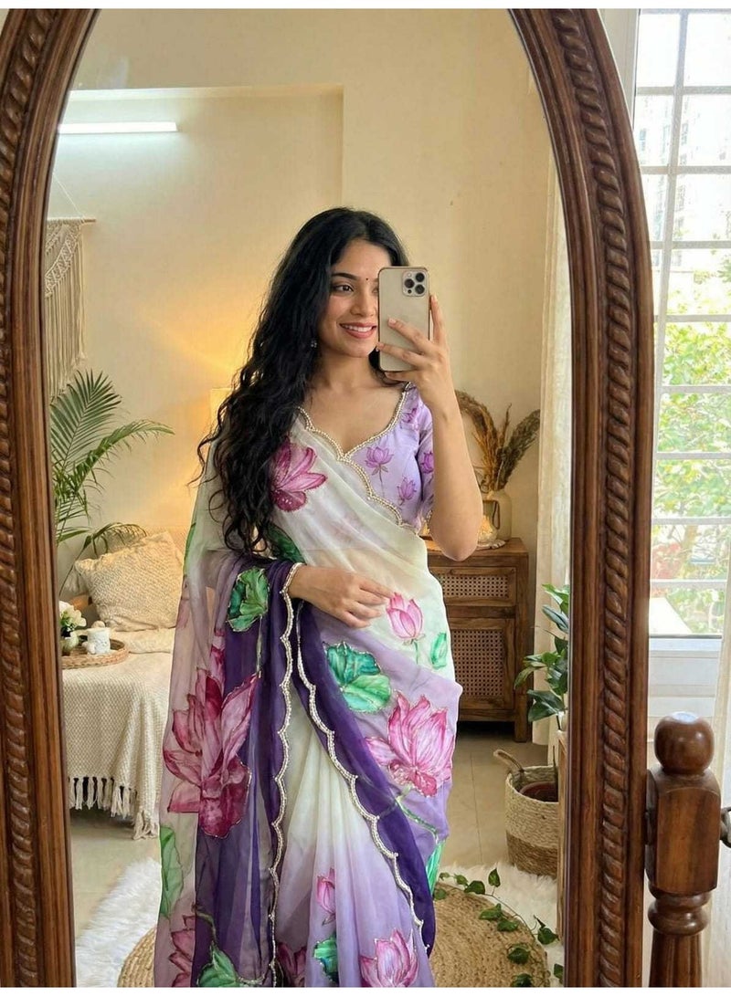 Organza Festive Collections Printed Hand Work Sarees