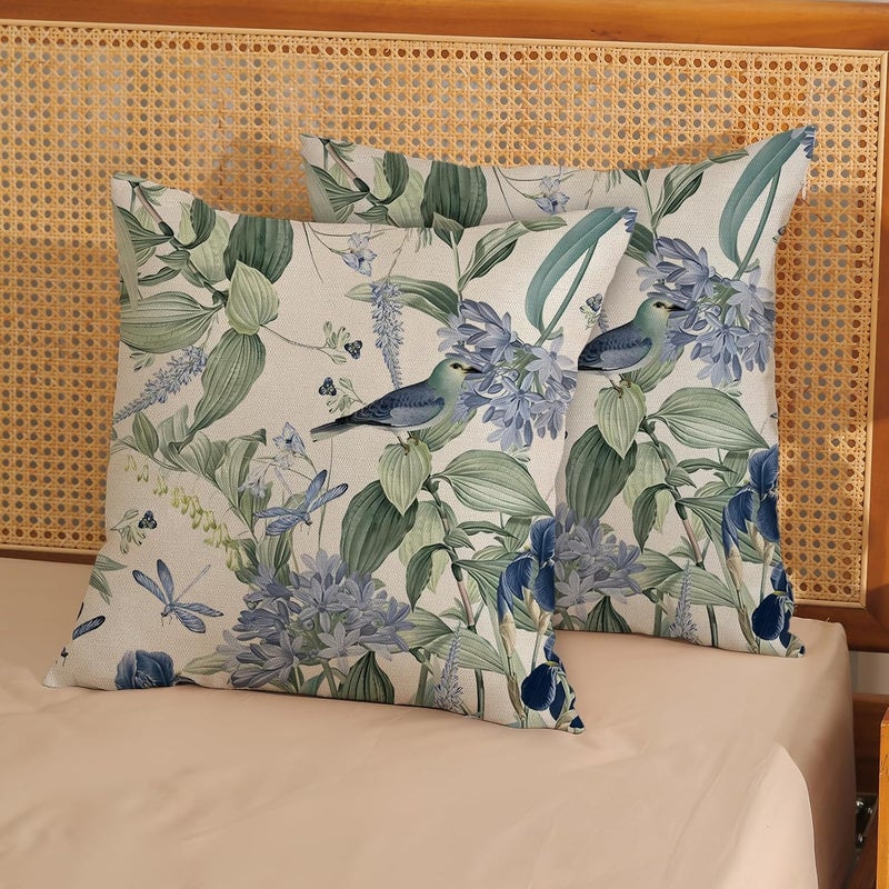 GOLIANDA Chinoiserie Pillow Covers 18x18 Set of 2 Blue Green Floral Bird Pillow Cases Vintage Flower Seasonal Outdoor Throw Pillows Linen Farmhouse Chinoiserie Decorative Cushion Case for Couch Sofa - Image 3