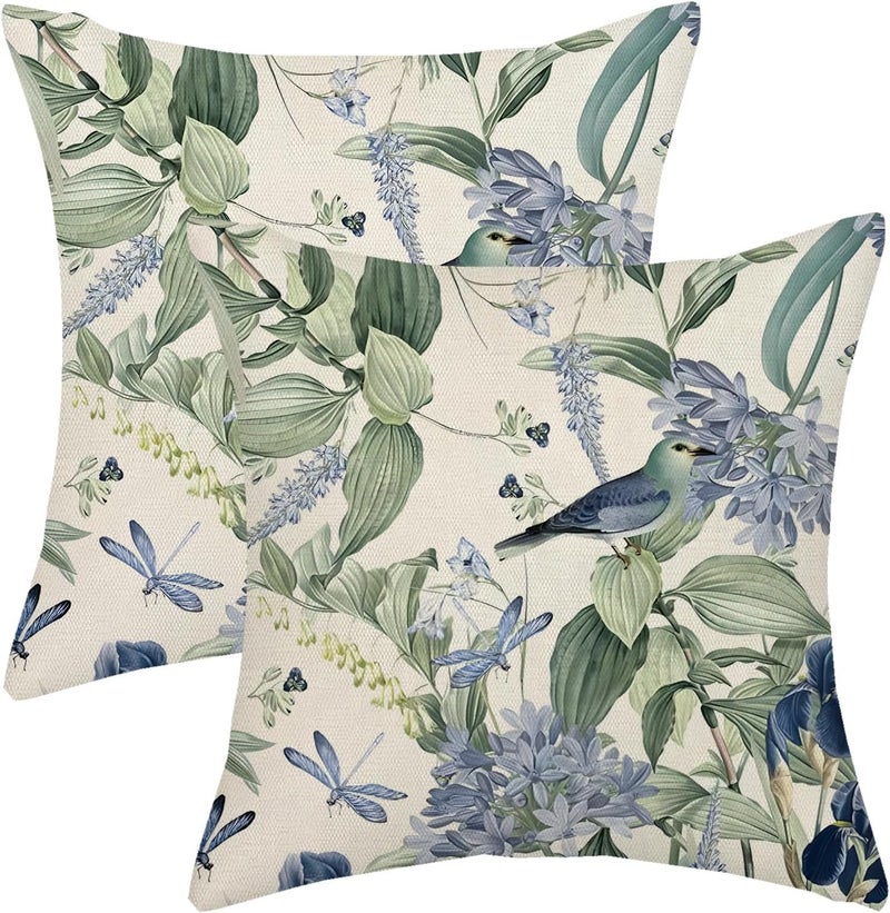 GOLIANDA Chinoiserie Pillow Covers 18x18 Set of 2 Blue Green Floral Bird Pillow Cases Vintage Flower Seasonal Outdoor Throw Pillows Linen Farmhouse Chinoiserie Decorative Cushion Case for Couch Sofa - Image 1