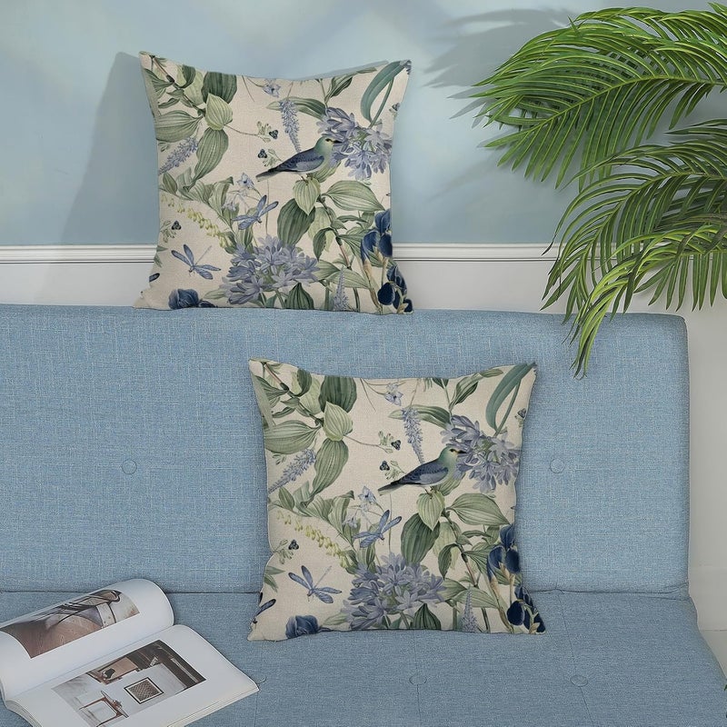 GOLIANDA Chinoiserie Pillow Covers 18x18 Set of 2 Blue Green Floral Bird Pillow Cases Vintage Flower Seasonal Outdoor Throw Pillows Linen Farmhouse Chinoiserie Decorative Cushion Case for Couch Sofa - Image 4