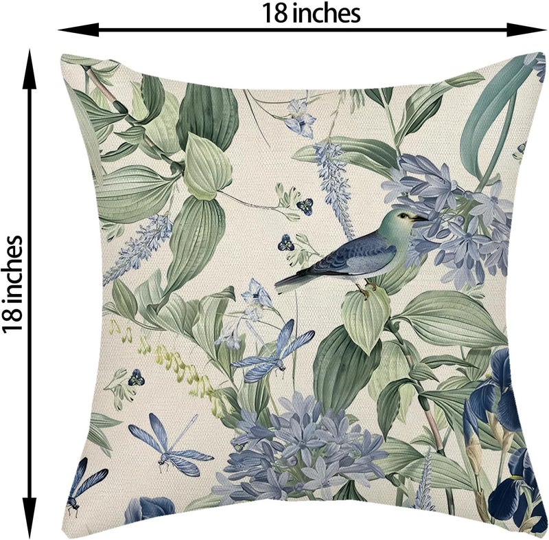 GOLIANDA Chinoiserie Pillow Covers 18x18 Set of 2 Blue Green Floral Bird Pillow Cases Vintage Flower Seasonal Outdoor Throw Pillows Linen Farmhouse Chinoiserie Decorative Cushion Case for Couch Sofa - Image 2