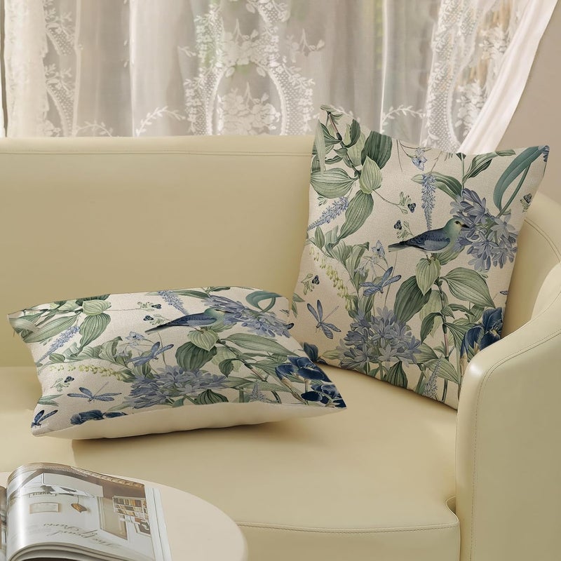 GOLIANDA Chinoiserie Pillow Covers 18x18 Set of 2 Blue Green Floral Bird Pillow Cases Vintage Flower Seasonal Outdoor Throw Pillows Linen Farmhouse Chinoiserie Decorative Cushion Case for Couch Sofa - Image 5