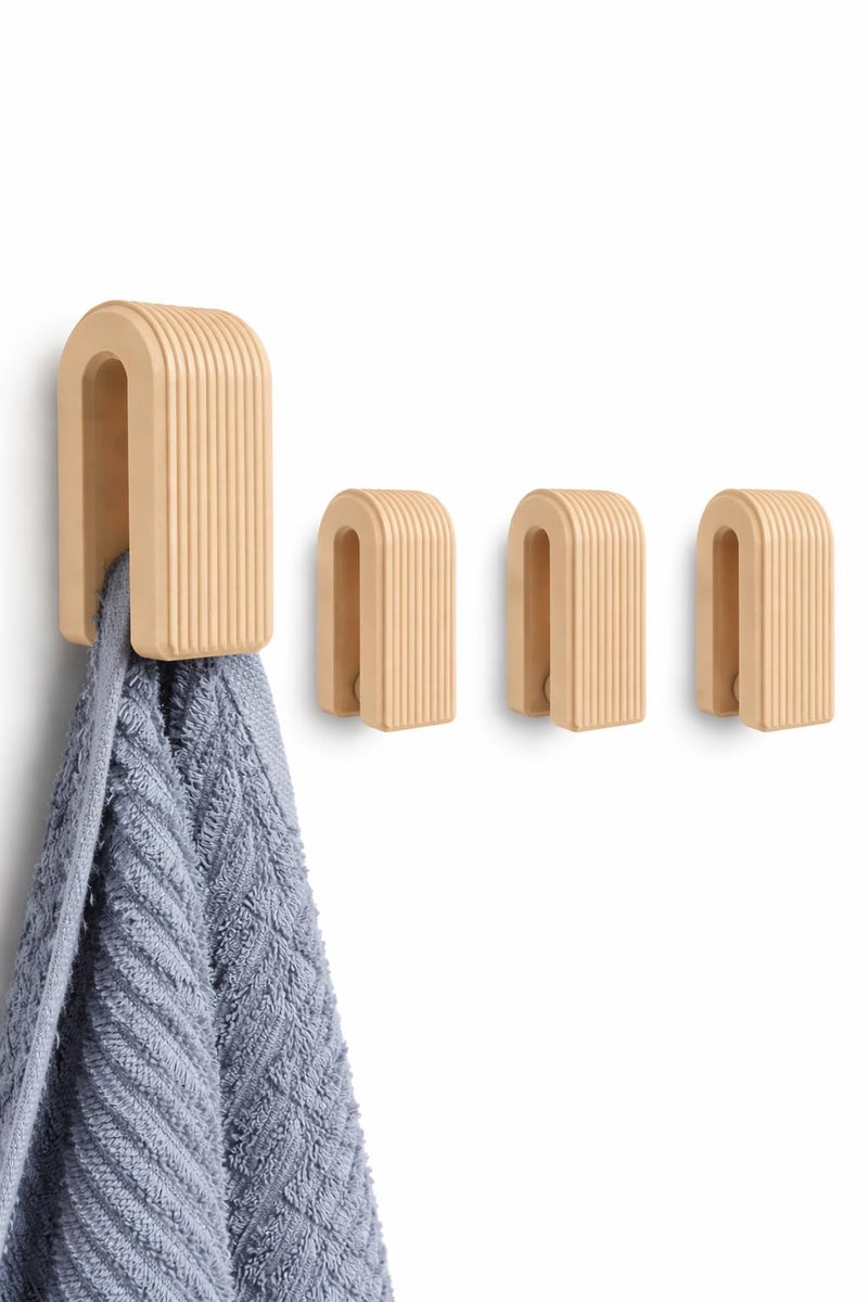 Ribbed Wall Hooks Set (3 Pack) – Minimalist Hanger for Towels, Coats – Multi-Purpose Organizer for Bathroom, Kitchen & Home – Available in Screw-In or Adhesive Tape Mount (3, Beige, double-sided tape) - Image 1