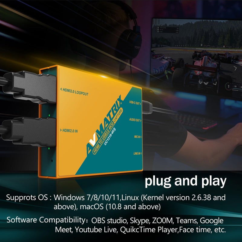 AVMATRIX 4K60 Capture Card HDMI2.1, VRR HDR10 4K60 Passthrough, Game Capture Device for PS4/ Pro PS5,PS5 pro, Xbox Streaming on Twitch, OBS on PC, Mac Near-Zero Latency UC1218-4KS - Image 2