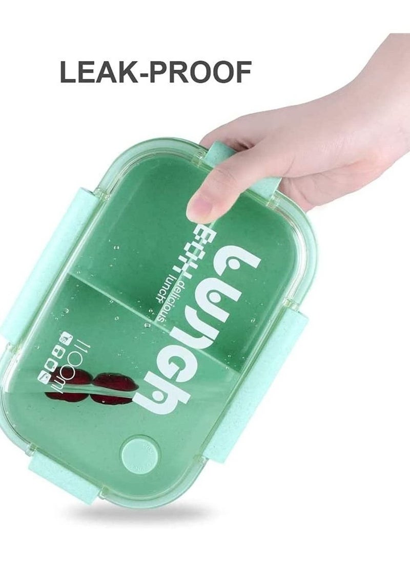 KASTWAVE Bento Lunch Boxes 3 Compartment Green Bento Box with Fork and Spoon Leak Proof Bento Box Microwave Safe Wheat Straw Bento Lunch Containers BPA Free Bento Box for Kids Adults  - Image 2