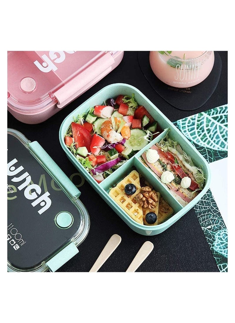 KASTWAVE - Bento Lunch Boxes 3 Compartment Green Bento Box with Fork and Spoon Leak Proof Bento Box Microwave Safe Wheat Straw Bento Lunch Containers BPA Free Bento Box for Kids Adults - Image 1