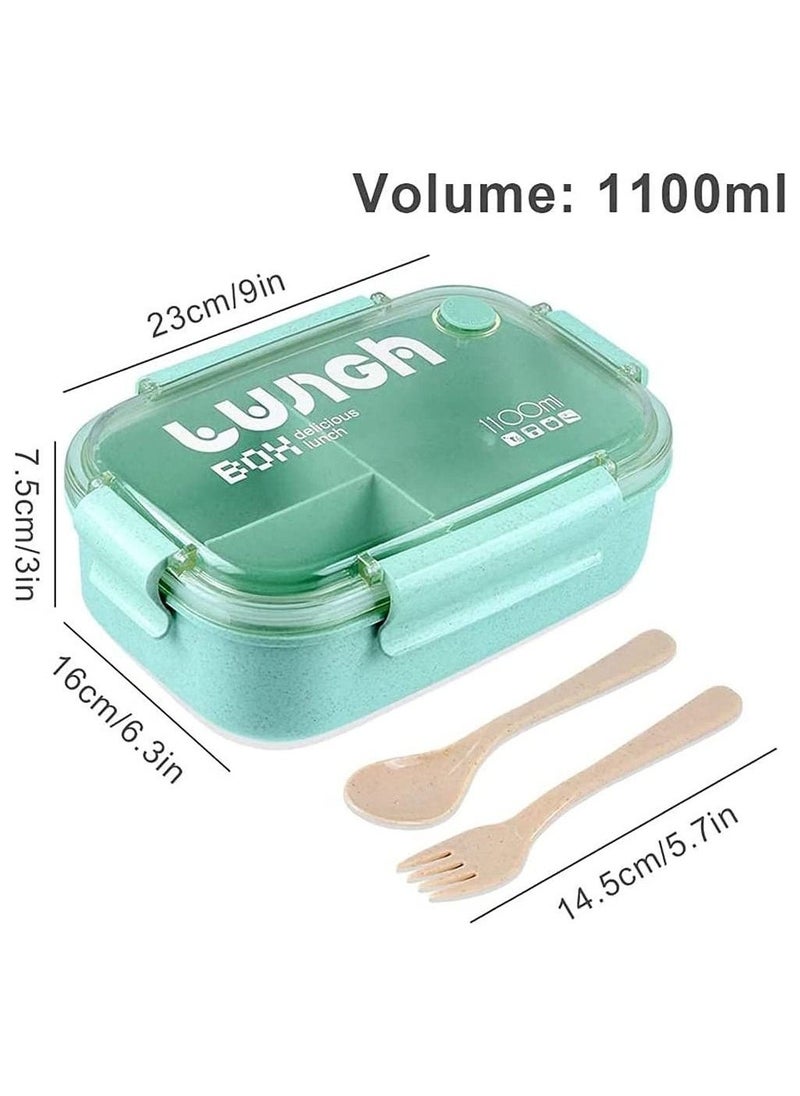 KASTWAVE - Bento Lunch Boxes 3 Compartment Green Bento Box with Fork and Spoon Leak Proof Bento Box Microwave Safe Wheat Straw Bento Lunch Containers BPA Free Bento Box for Kids Adults - Image 1