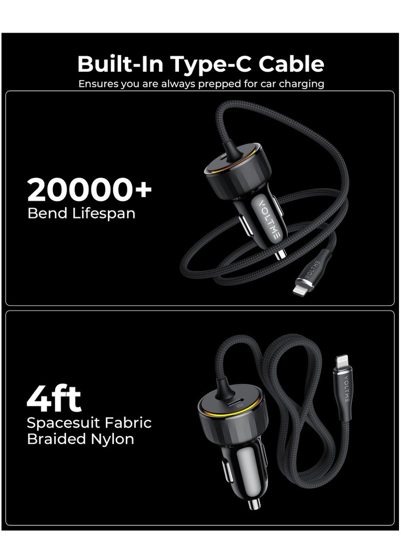 VOLTME - Dual USB-C PD Car Charger 57W Fast Charging with Built-in Lightning Magnetic Self-Organizing Cable (1.2m/4ft), Durable Nylon Braided Thick Copper Core Cable, Reversible Connectors, V-Dynamic Tech 3.0, USB PD for iPhone 14/13/12/11 Series, MacBook Air, iPad Pro, Galaxy S25/S24/S23/S22/iPhone 15/16 & More - Image 1