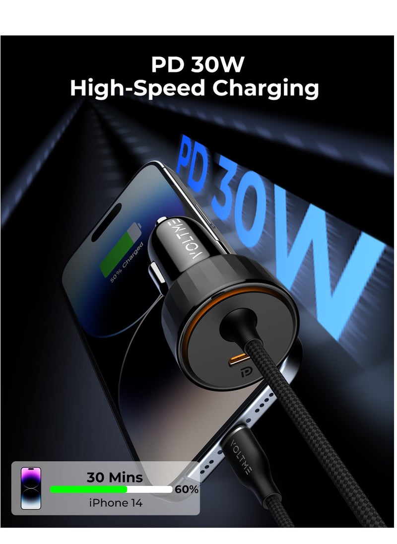 VOLTME - Dual USB-C PD Car Charger 57W Fast Charging with Built-in Lightning Magnetic Self-Organizing Cable (1.2m/4ft), Durable Nylon Braided Thick Copper Core Cable, Reversible Connectors, V-Dynamic Tech 3.0, USB PD for iPhone 14/13/12/11 Series, MacBook Air, iPad Pro, Galaxy S25/S24/S23/S22/iPhone 15/16 & More - Image 1