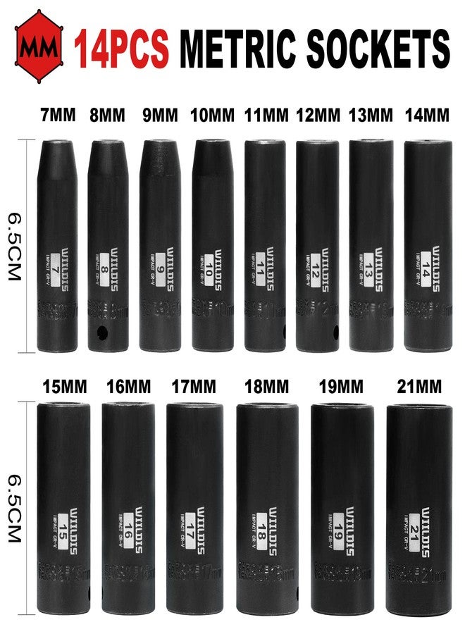 WIILDIS 14 Pieces 3/8-Inch Drive Deep Impact Socket Set, 7mm to 21mm, CR-V, Metric, 6-Point, 14 Pieces 3/8" Dr. Socket - Image 3