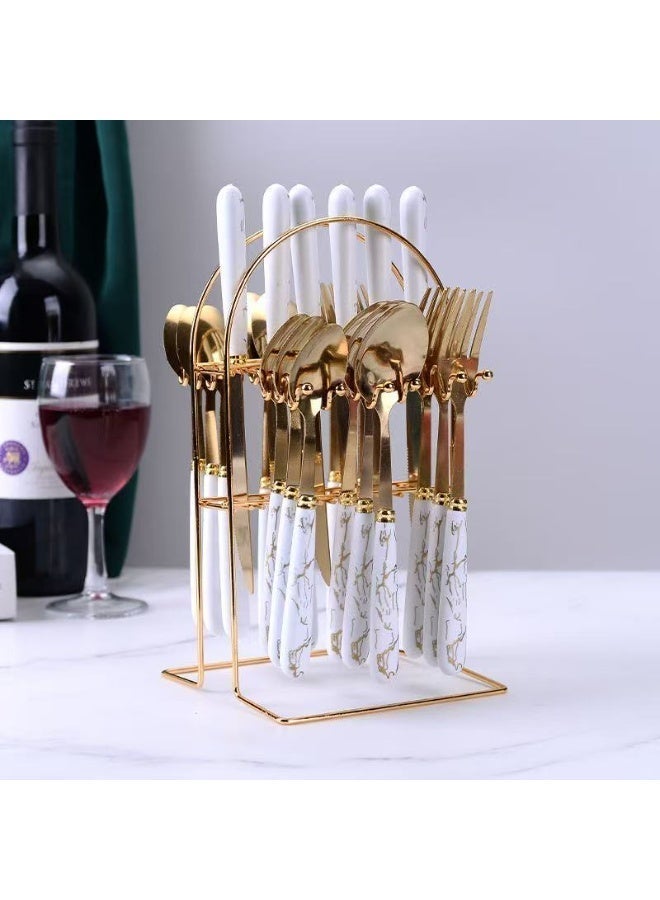 24-Piece Luxury Ceramic Stainless Steel Tableware Set, Including Knives, Spoons, And Forks (White Gold) - Image 2