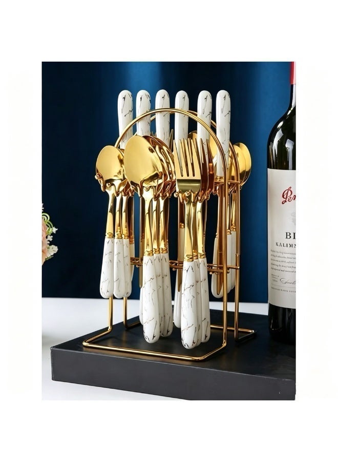 24-Piece Luxury Ceramic Stainless Steel Tableware Set, Including Knives, Spoons, And Forks (White Gold) - Image 1