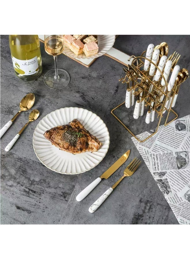 24-Piece Luxury Ceramic Stainless Steel Tableware Set, Including Knives, Spoons, And Forks (White Gold) - Image 3