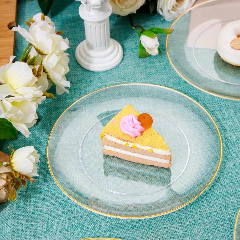 Rubtlamp 200Pcs Clear Gold Dessert Plates With Plastic Gold Forks  100pcs 7.5inch Plates For Appetizers 100pcs 7.8inch Premium Forks Disposable  Cake Platos Disposable for Wedding - Image 4