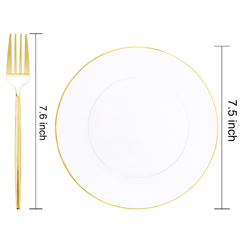 Rubtlamp 200Pcs Clear Gold Dessert Plates With Plastic Gold Forks  100pcs 7.5inch Plates For Appetizers 100pcs 7.8inch Premium Forks Disposable  Cake Platos Disposable for Wedding - Image 2