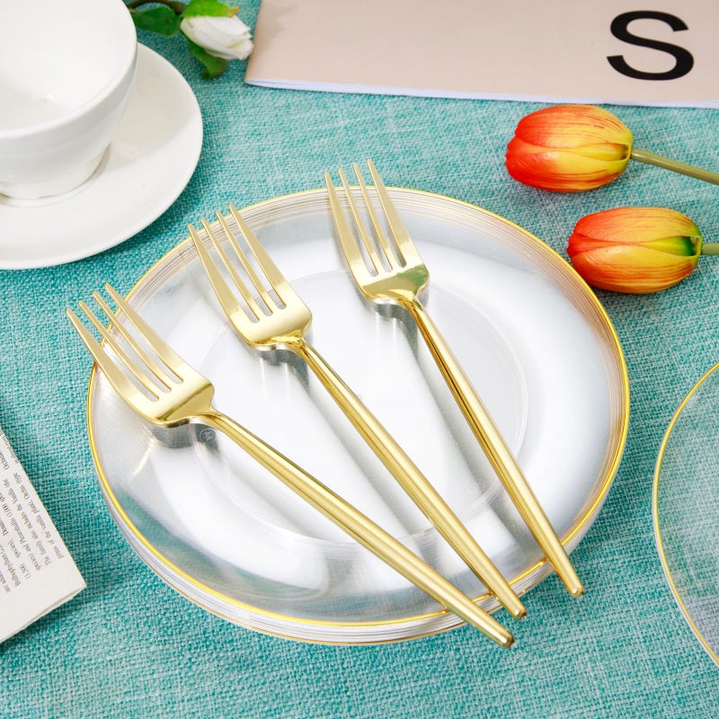 Rubtlamp 200Pcs Clear Gold Dessert Plates With Plastic Gold Forks  100pcs 7.5inch Plates For Appetizers 100pcs 7.8inch Premium Forks Disposable  Cake Platos Disposable for Wedding - Image 5