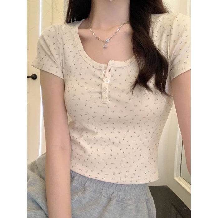 U-collar floral short sleeve front shoulder top womens summer new design sense niche Joker T-shirt base wholesale foreign trade Apricot