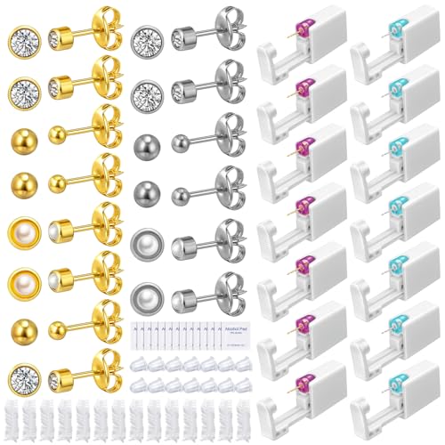 Kenning 14 Set Ear Piercing Kit Disposable Ear Cartilage Piercing Gun Kit with Studs Includes 14 Self Piercings Gun 14 Earrings Stud Hoop Earrings 14 Cleaning Pads Classic Style - Image 1