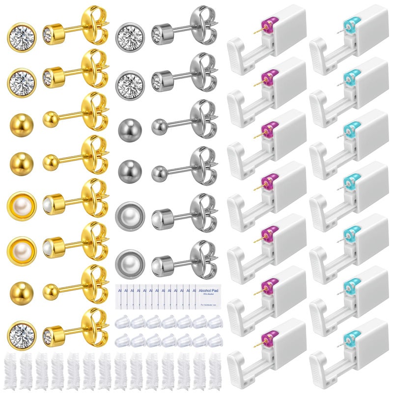 Kenning 14 Set Ear Piercing Kit Disposable Ear Cartilage Piercing Gun Kit with Studs Includes 14 Self Piercings Gun 14 Earrings Stud Hoop Earrings 14 Cleaning Pads Classic Style - Image 3