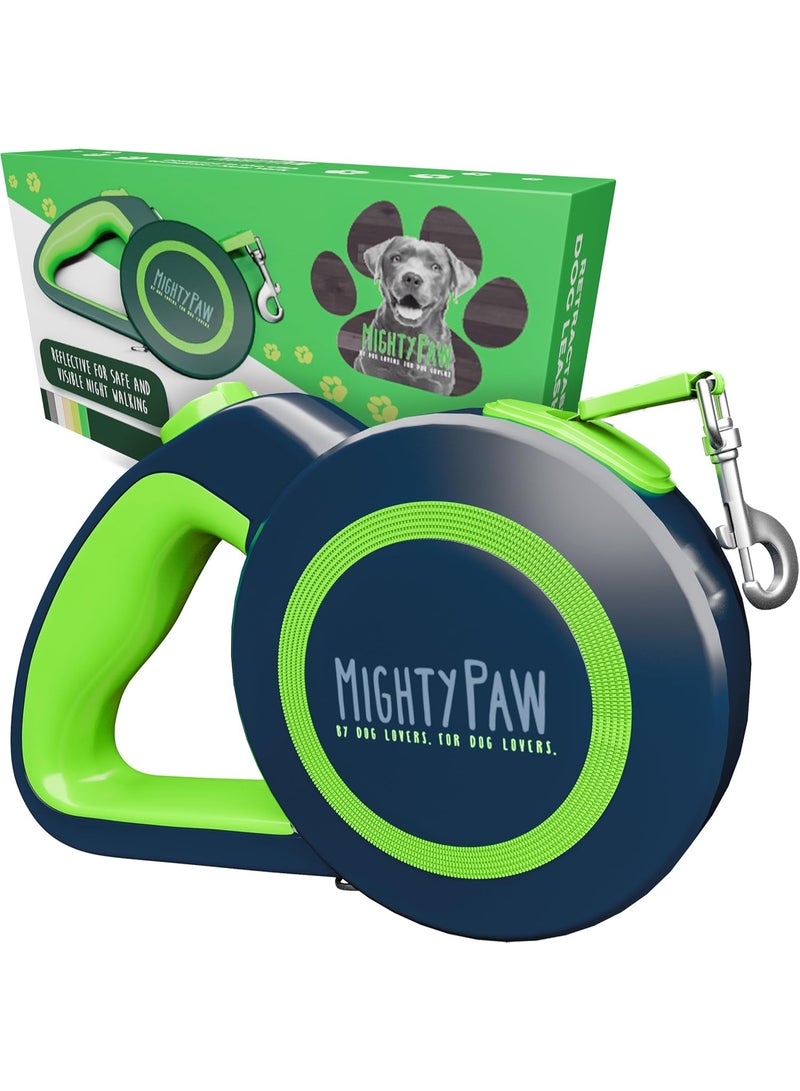 سلسلة كلاب قابلة للسحب 2.0 بطول 5 متر شديدة التحمل عاكسة وقابلة للتمدد للحيوانات الأليفة حتى 50 كجم من مايتي باوز، خالٍ من التشابك مع نظام فرامل سريع القفل بلمسة واحدة ومقبض مضاد للانزلاق، أخضر/مرصع - Image 1