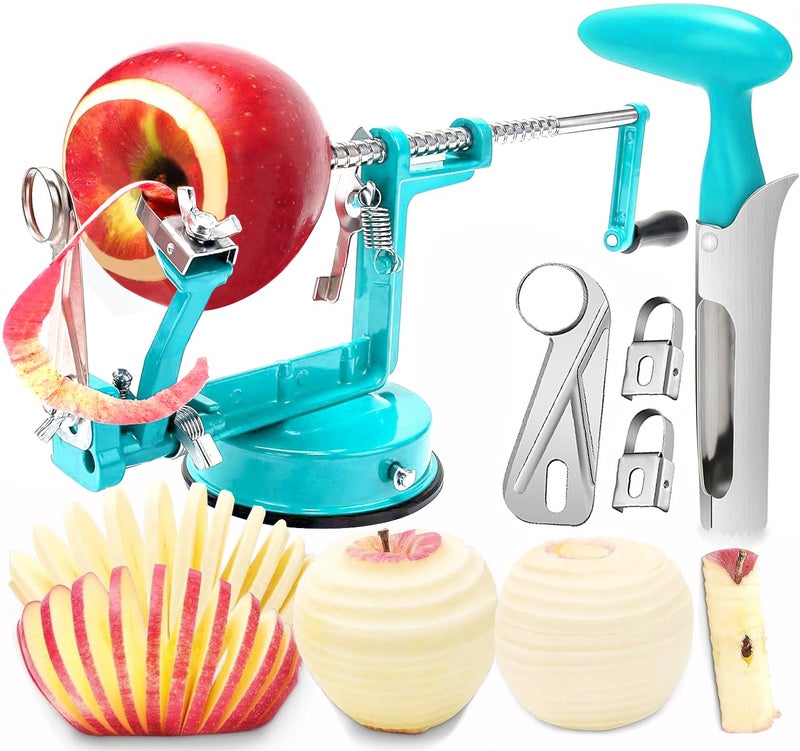 Apple Peeler Corer 5 In 1 Apple Peeler Slicer Corer with Stainless Steel Blades and Powerful Suction Base for Apples and PotatoesTeal
